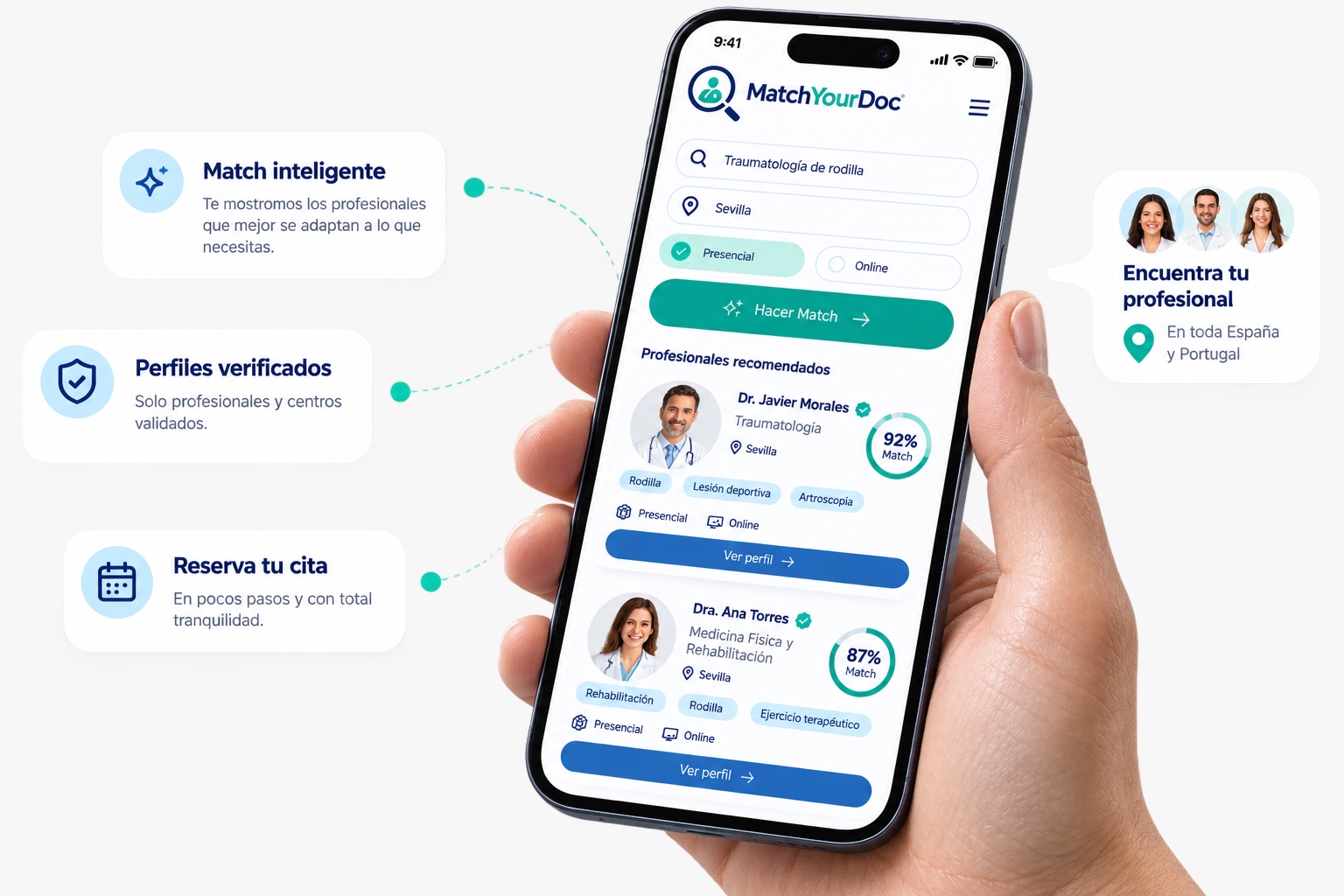 Vista de MatchYourDoc en el móvil para pacientes
