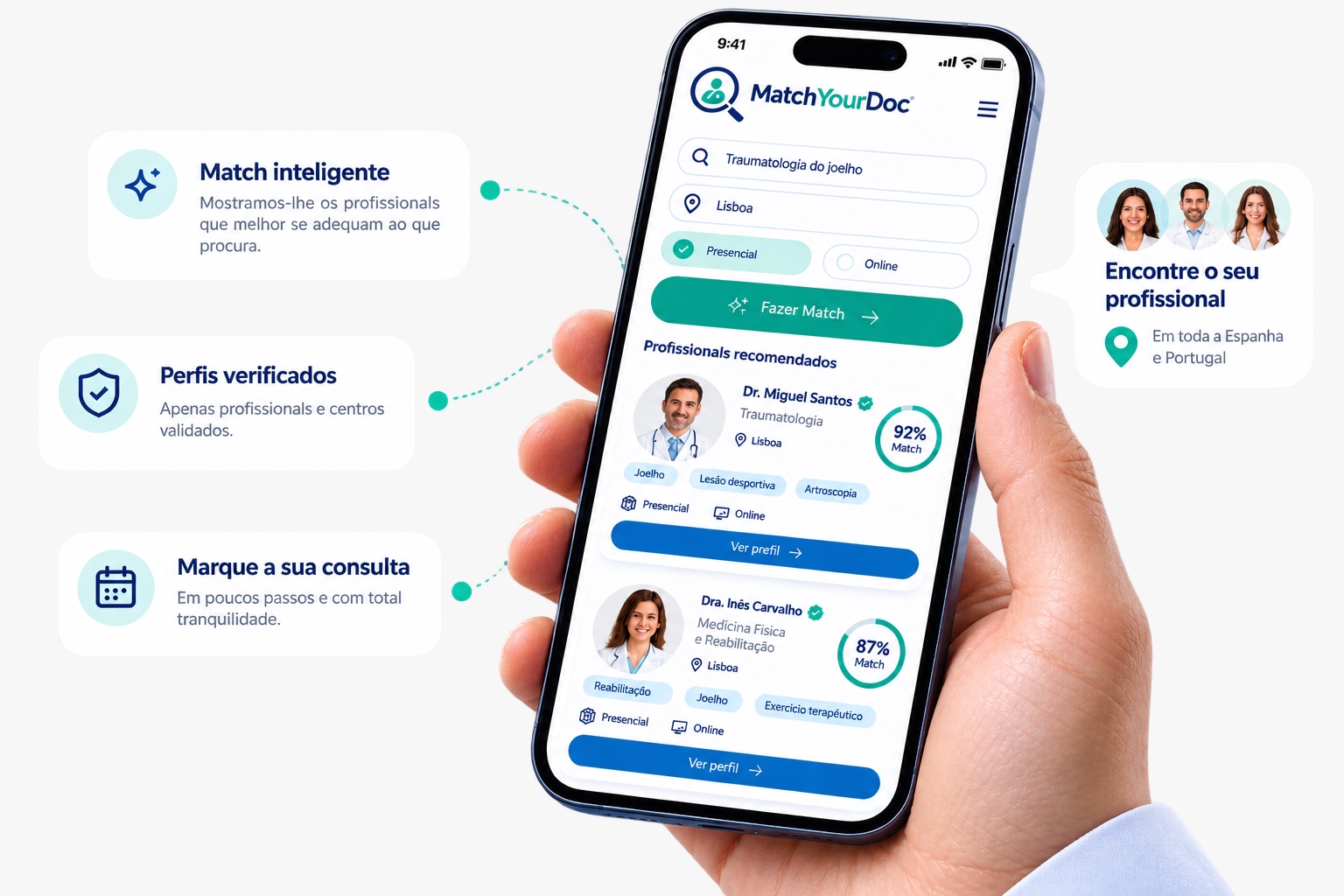 Vista da MatchYourDoc no telemóvel para pacientes